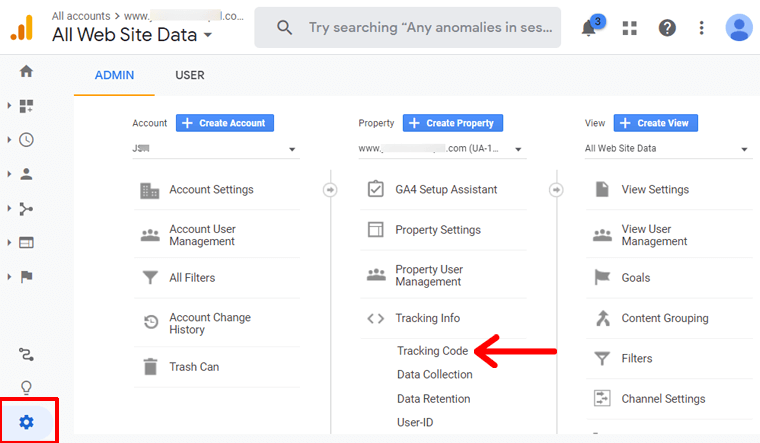 G Analytics 관리 페이지에서 추적 코드로 이동