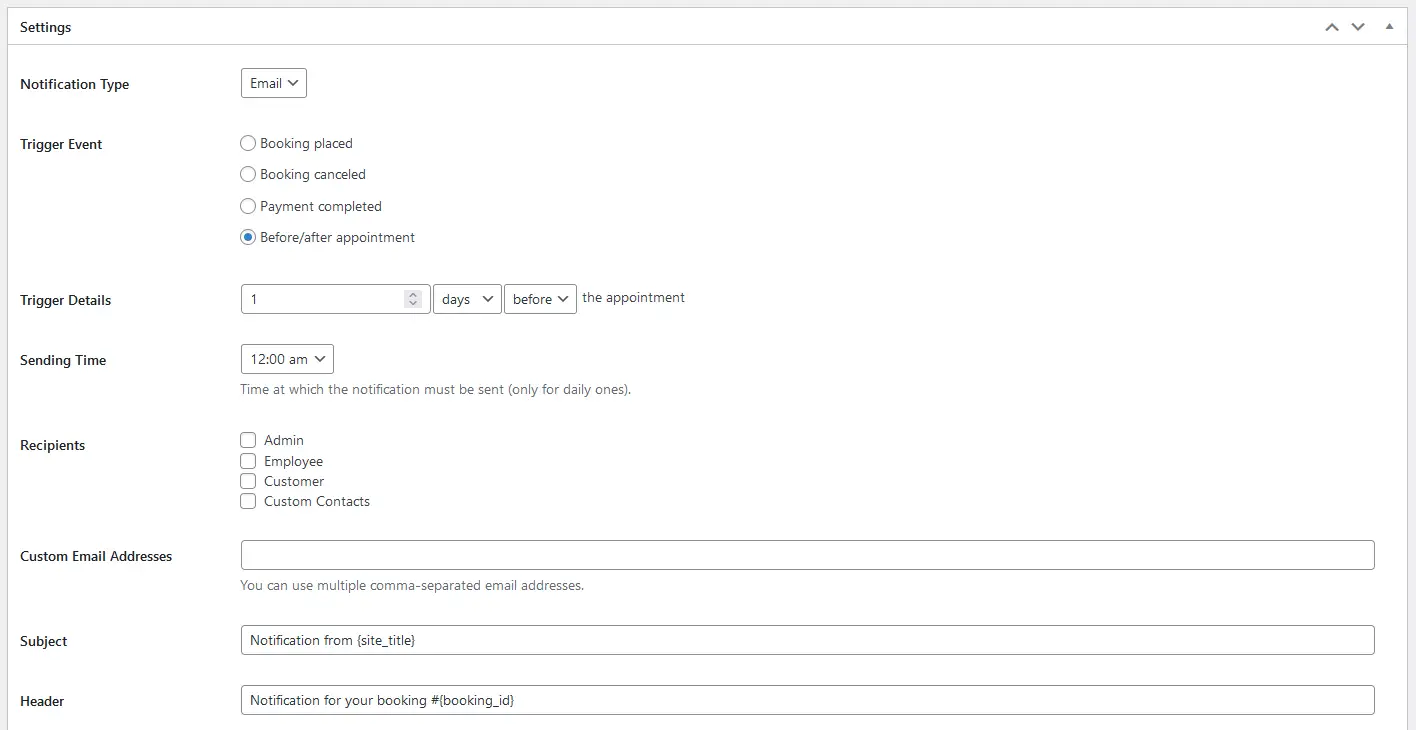 Ilustração das configurações de notificação acessíveis por meio do plugin Appointment Booking.