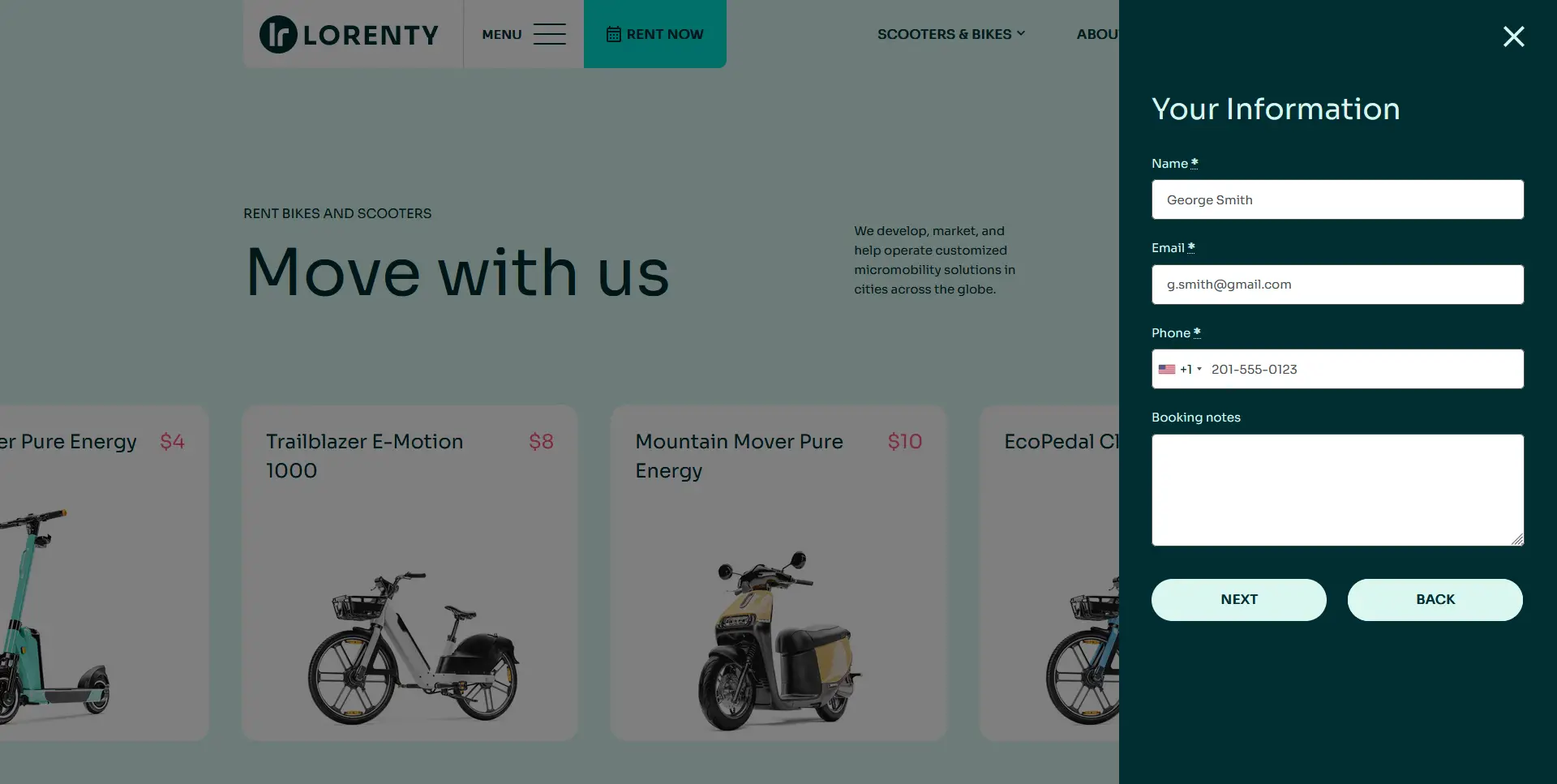 Der dritte Schritt der Bestellung eines Fahrrads und der Eingabe der Kundendaten mit Hilfe des Lorenty-Fahrrad-Themes für WordPress.