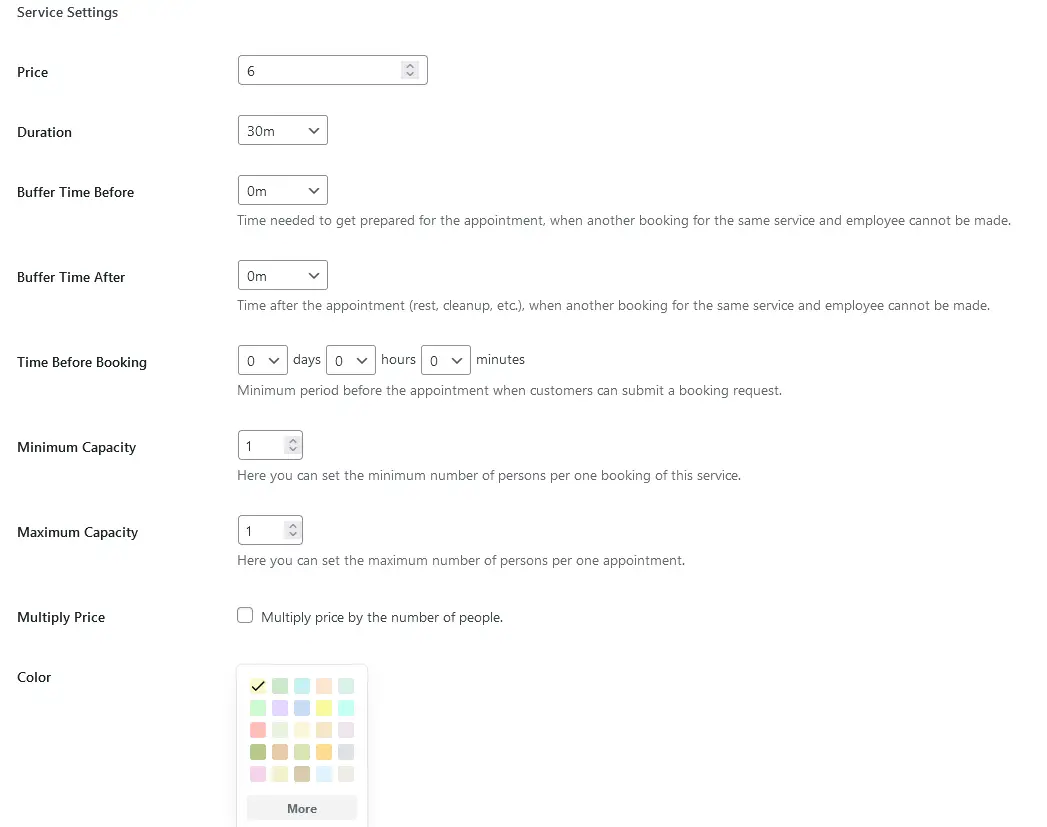 Imagem de diversas configurações de serviço que podem ser alteradas usando o plugin Appointment Booking para WordPress.