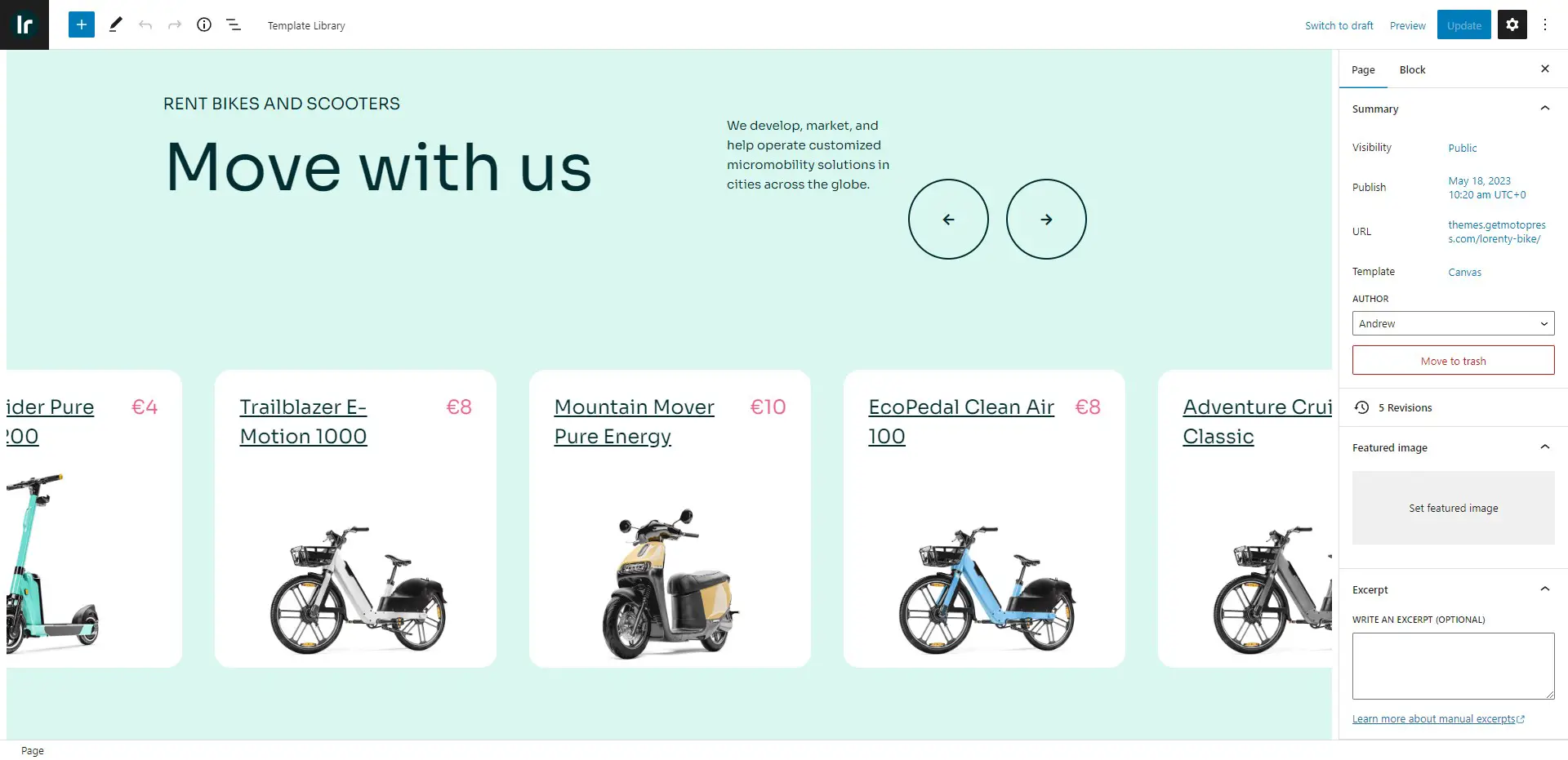 Bearbeiten des Lorenty-Fahrradthemas und seines Layouts mit dem Gutenberg-Site-Editor.