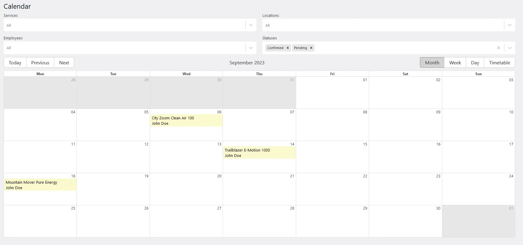 Representação do calendário com diversas datas, serviços e funcionários acessíveis através do painel do WordPress.