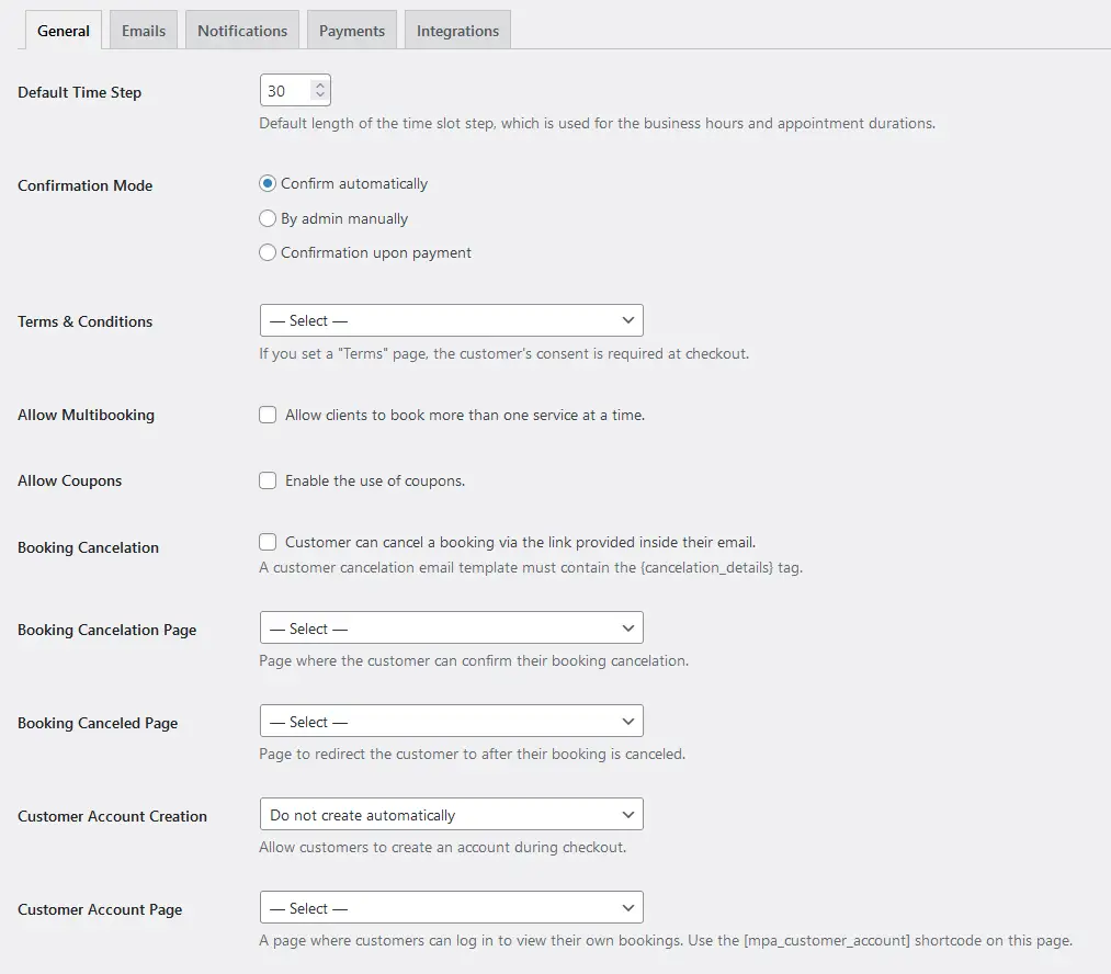 Representação da guia de configurações gerais oferecida pelo software de aluguel de bicicletas do plugin Appointment Booking.