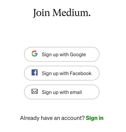 Como usar o Medium, página de inscrição do Medium