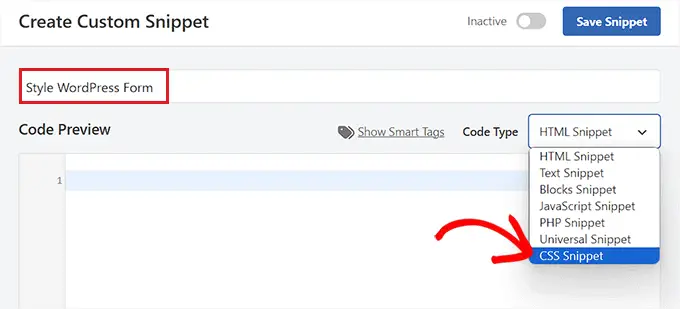 ドロップダウン メニューから CSS スニペット オプションを選択します Choose CSS snippet option from the dropdown menu