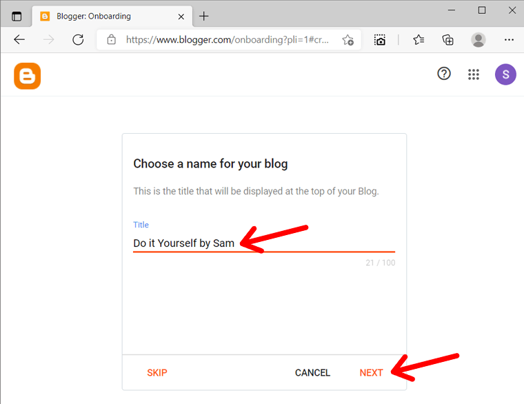 Escolha o nome do seu blog no Blogger