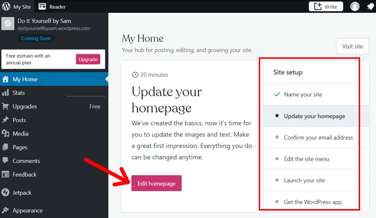 Editar página inicial no blog do WordPress.com
