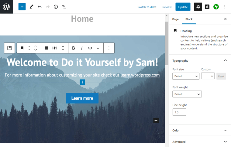 Editando uma página no WordPress.com