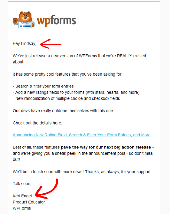 Personalized email example 