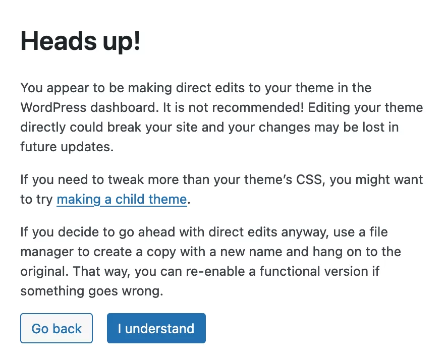 WordPress 彈出有關使用文件編輯器的警告。