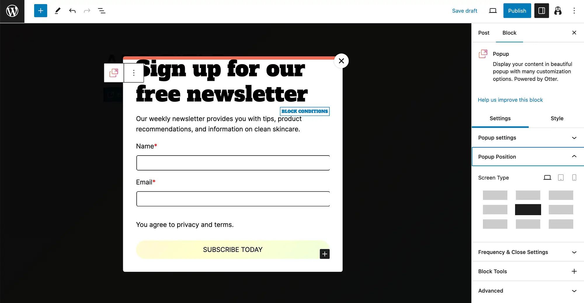 Personalizando a posição da sua notificação pop-up.