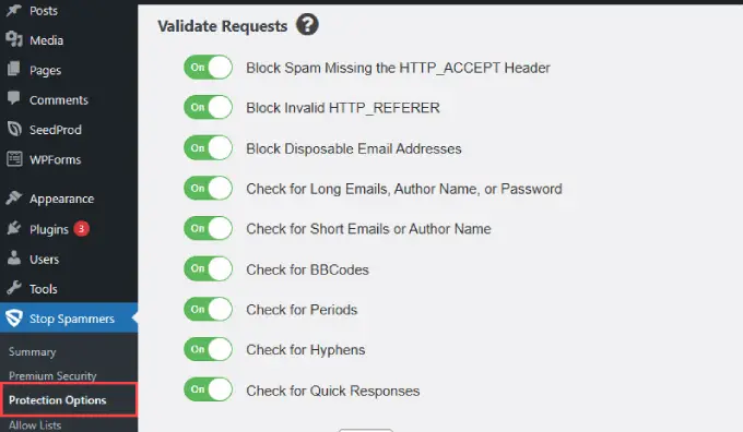 Optionen für das Plug-in „Spammer stoppen“. Stop Spammers plugin options