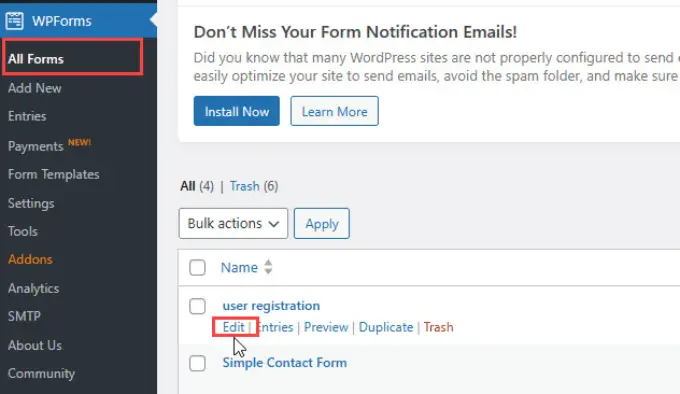 Bearbeiten Sie das Benutzerregistrierungsformular in WPForms Edit user registration form in WPForms