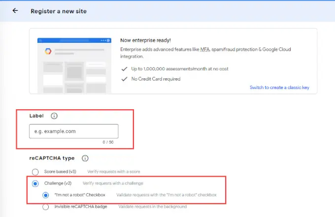 Registrieren Sie ein neues reCaptcha Register a new reCaptcha