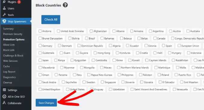 Speichern Sie die Änderungen im Stop Spammers-Plugin Save changes in Stop Spammers plugin