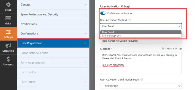 Aktivieren Sie die Benutzeraktivierung in WPForms Enable user activation in WPForms