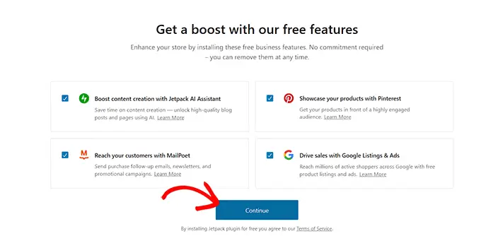 เลือกคุณสมบัติฟรีแล้วคลิกดำเนินการต่อ Select free features and click Continue
