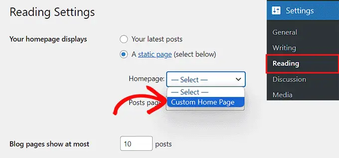 เลือกโฮมเพจแบบคงที่ Choose a static home page