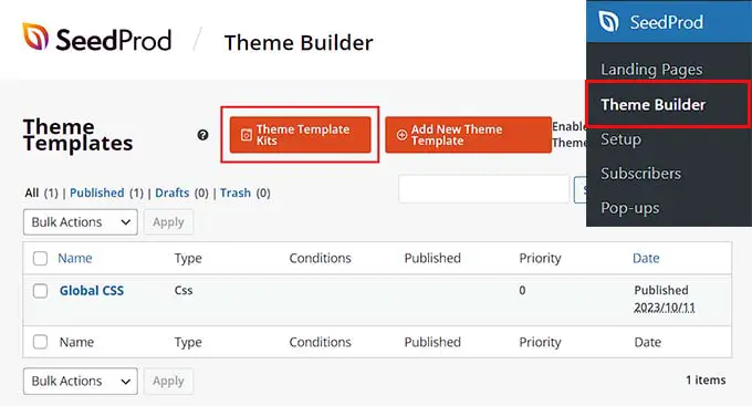 คลิกปุ่มชุดเทมเพลตธีม Click Theme Template Kit button