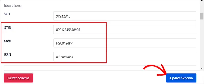 เพิ่ม ISBN, GTIN หรือ MPN แล้วคลิกปุ่มอัปเดตสคีมา Add the ISBN, GTIN, or MPN and click Update Schema button