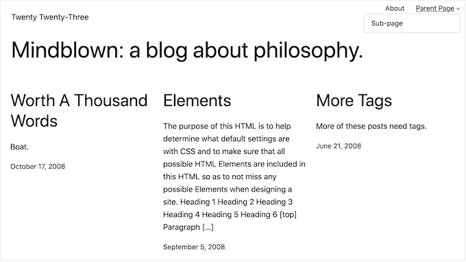 ตัวอย่างธีม WordPress เริ่มต้น An example of a default WordPress theme