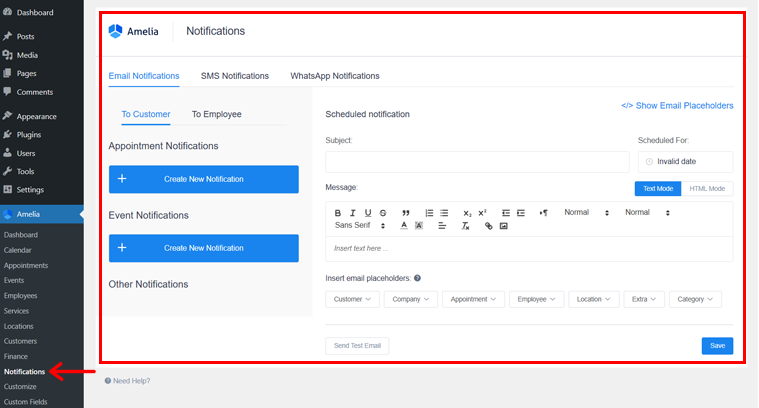 Aperçu du panneau de paramètres des notifications Amelia