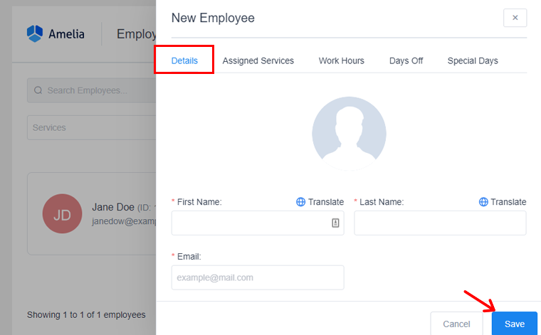 Ajoutez les détails de l'employé et enregistrez