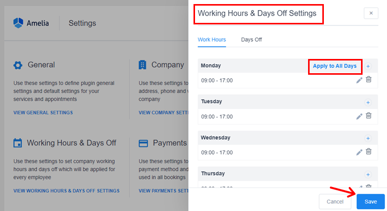 Configurer les heures de travail et les jours de congé