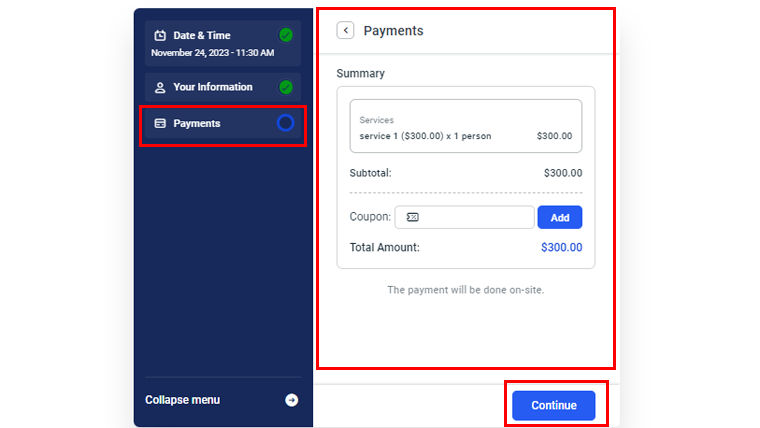 Vérifiez le paiement et continuez