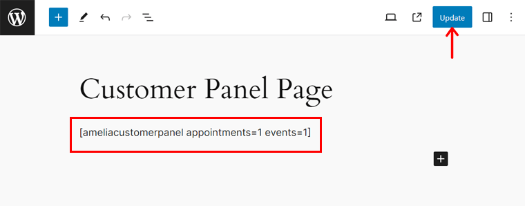 Page du panneau client - Ajout de shortcode - Amelia Review
