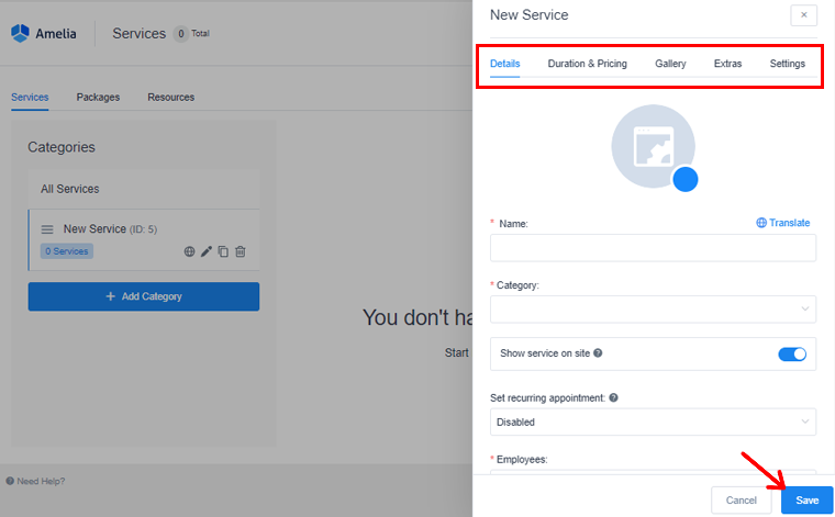 Configurer les paramètres du service et enregistrer