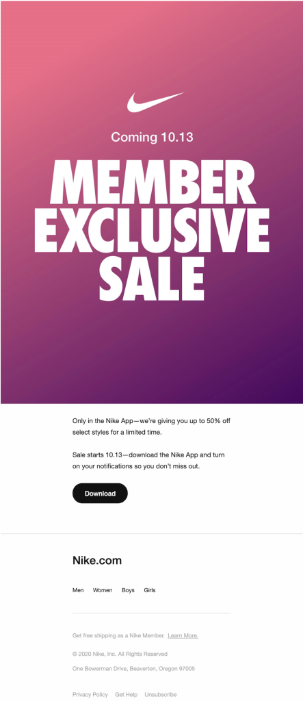نايك - كوبونات متقدمة Nike's exclusive sale email example