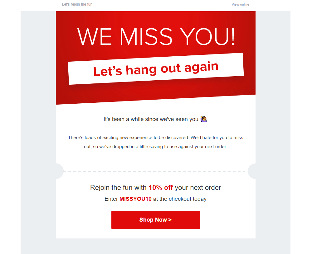 إعادة التنشيط-البريد الإلكتروني-دقيقة - كوبونات متقدمة Win-back campaign example