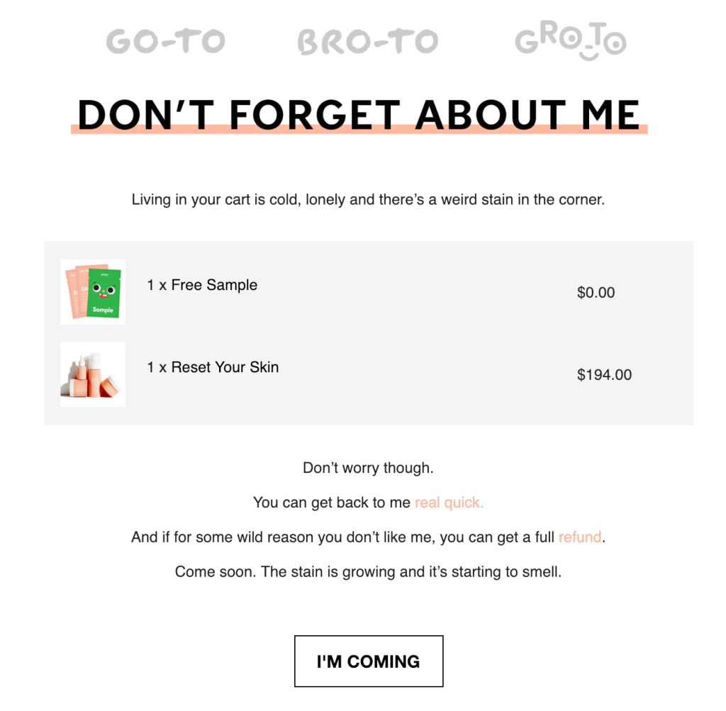 العربات المهجورة - اذهب إلى - كوبونات متقدمة Cart abandonment email example
