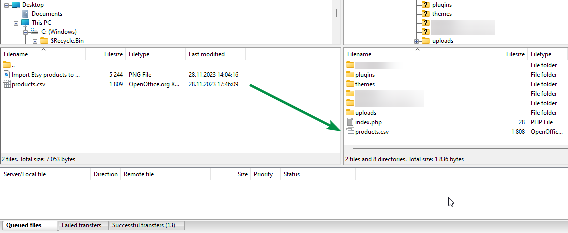 Prześlij plik CSV z produktami Etsy na swój serwer za pomocą protokołu FTP