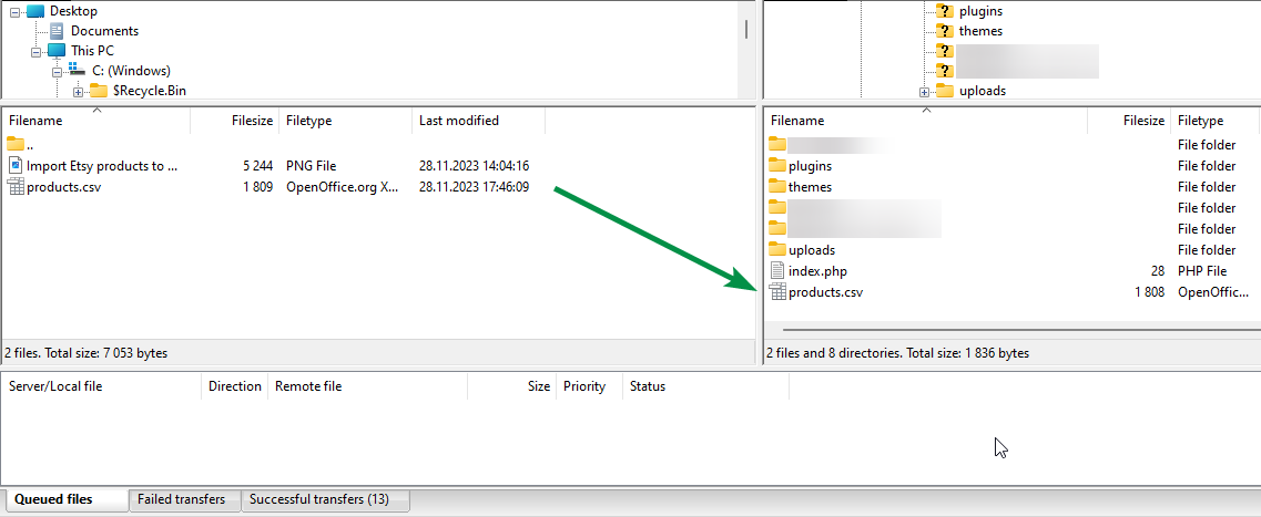 อัปโหลดไฟล์ CSV ที่มีผลิตภัณฑ์ Etsy ไปยังเซิร์ฟเวอร์ของคุณด้วย FTP