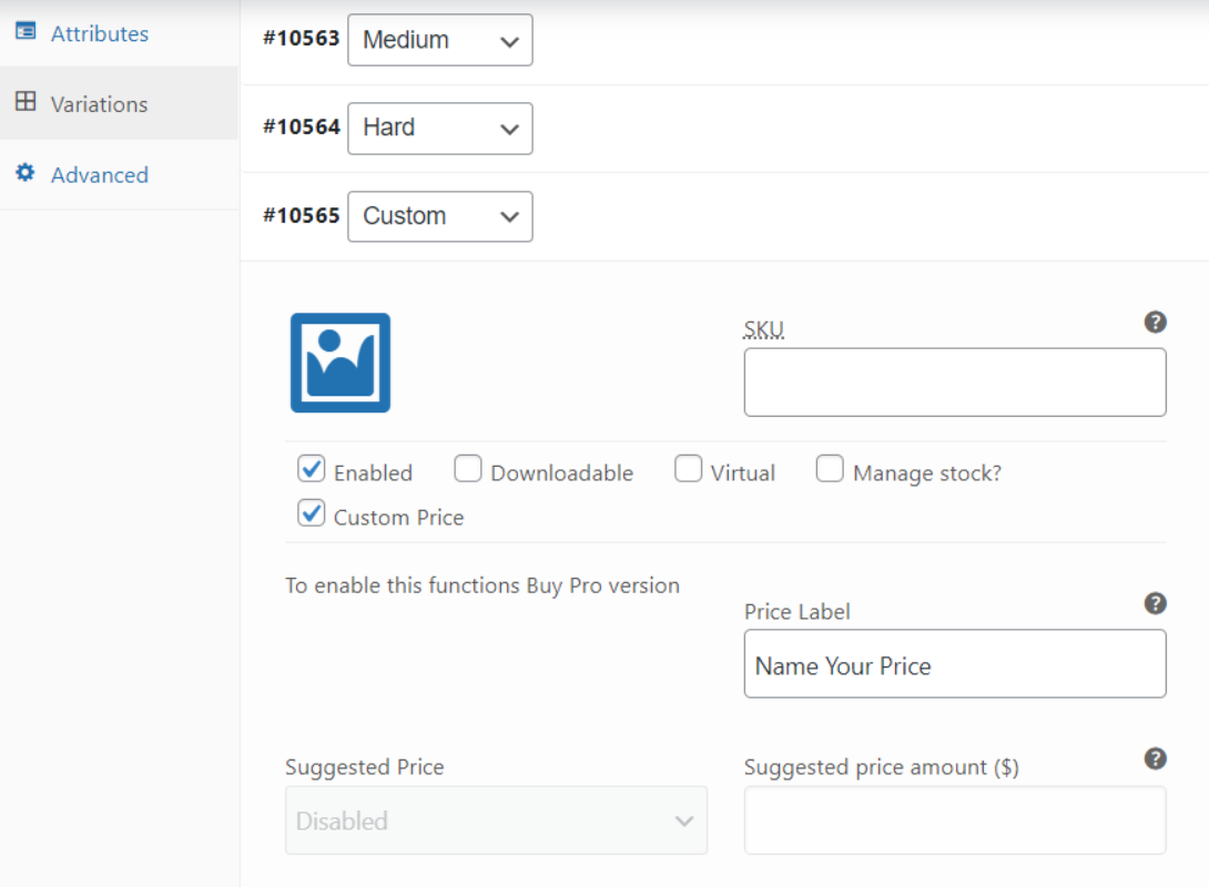 configuración de productos variables