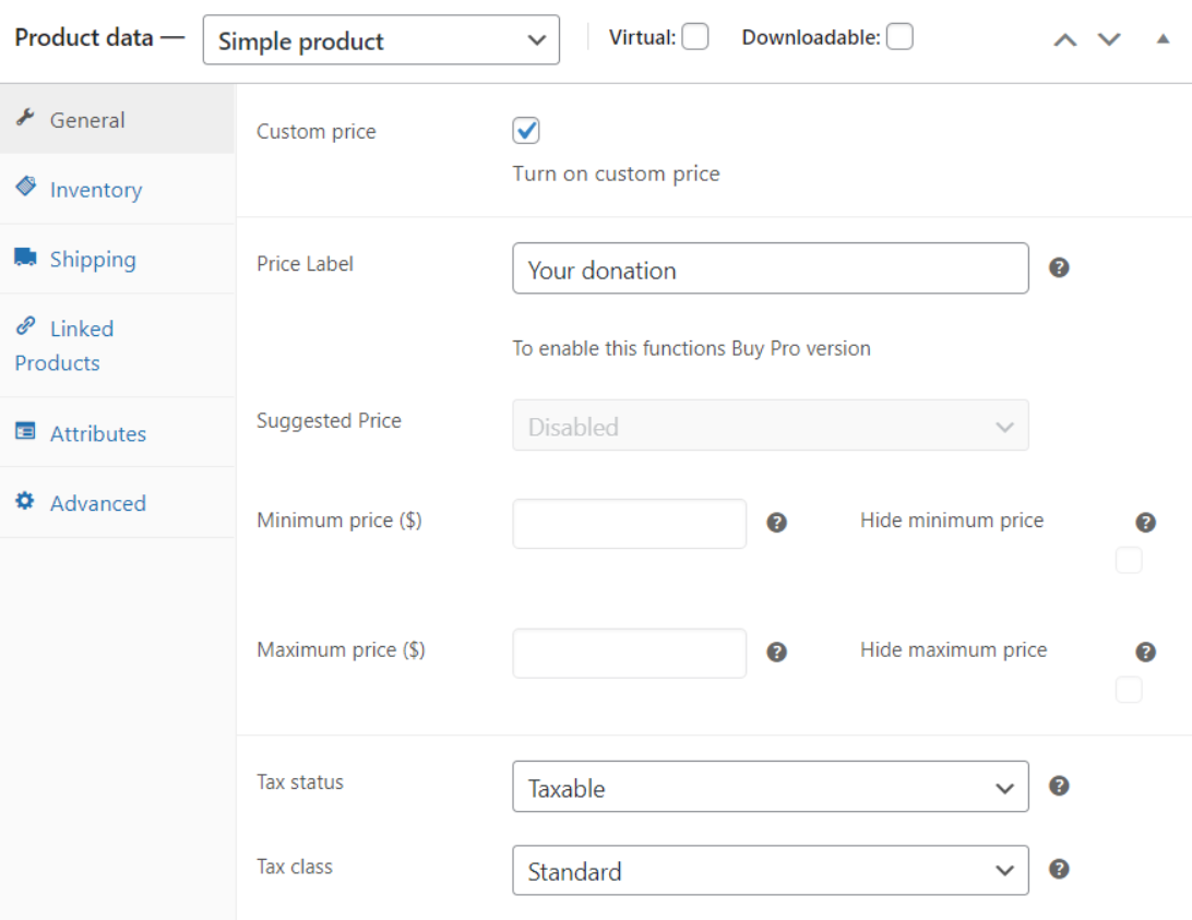 configurações simples do produto