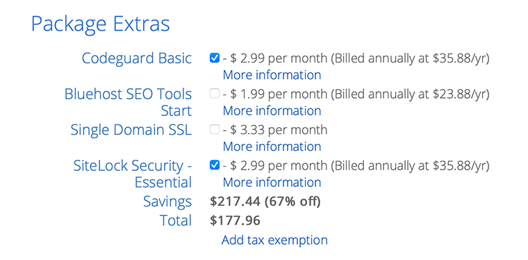 Bluehost Package Extras