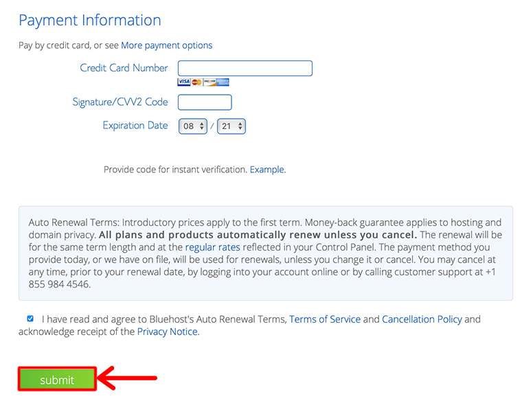 Bluehost Payment Information