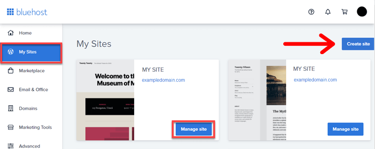 Create WordPress Site Option in Bluehost Dashboard
