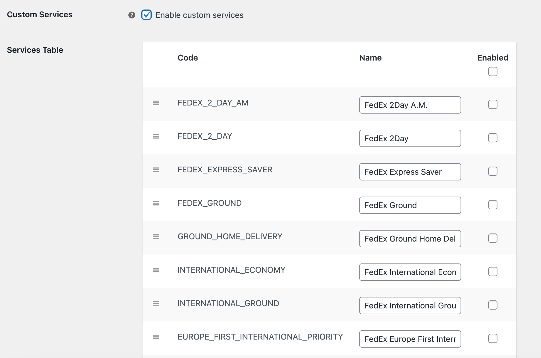 FedEx WooCommerce カスタム サービスを有効にする