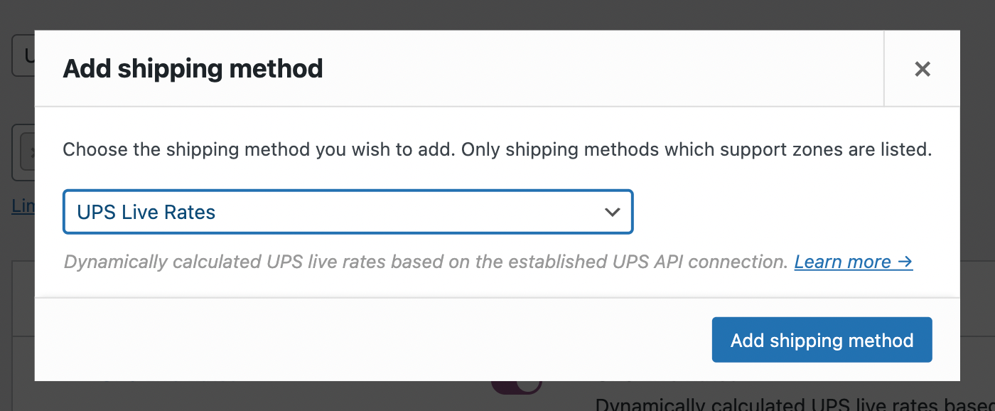 Metodo di spedizione con tariffe UPS in tempo reale