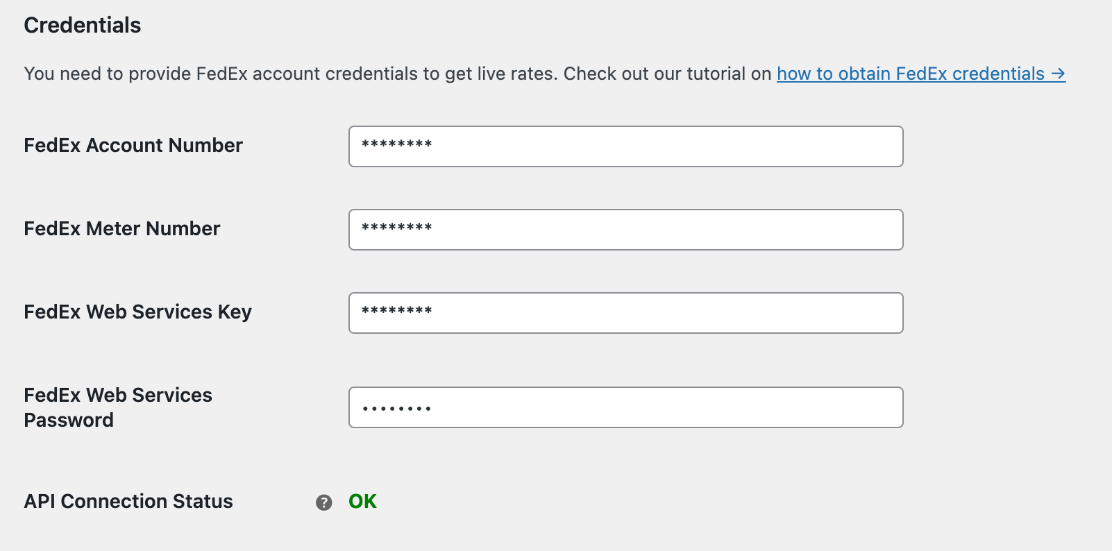 Credenciales del complemento de envío FedEx WooCommerce