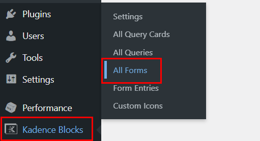 Kadence ブロック フォームを開く