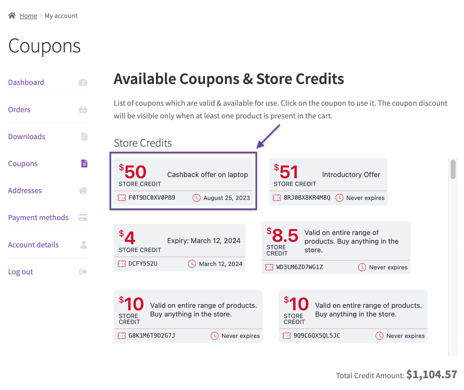 coupon de cashback sur la page de mon compte