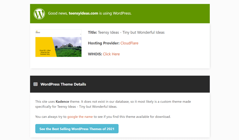 Hasil Analisis pada IsItWP untuk Mengetahui Jika Situs Dibangun di WordPress