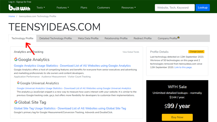 Profil Teknologi di BuiltWith