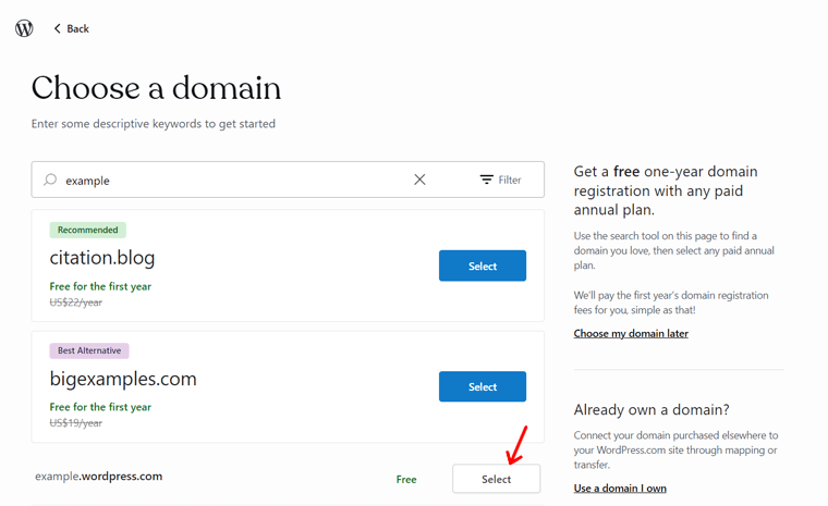 เลือกโดเมนฟรีใน WordPress.com - สร้างเว็บไซต์โดยไม่ต้องโฮสต์