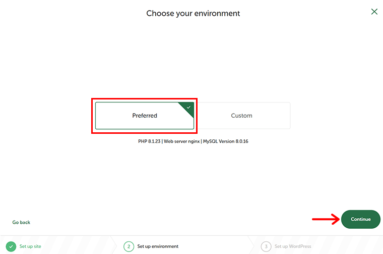 Choisissez l'environnement et cliquez sur Continuer